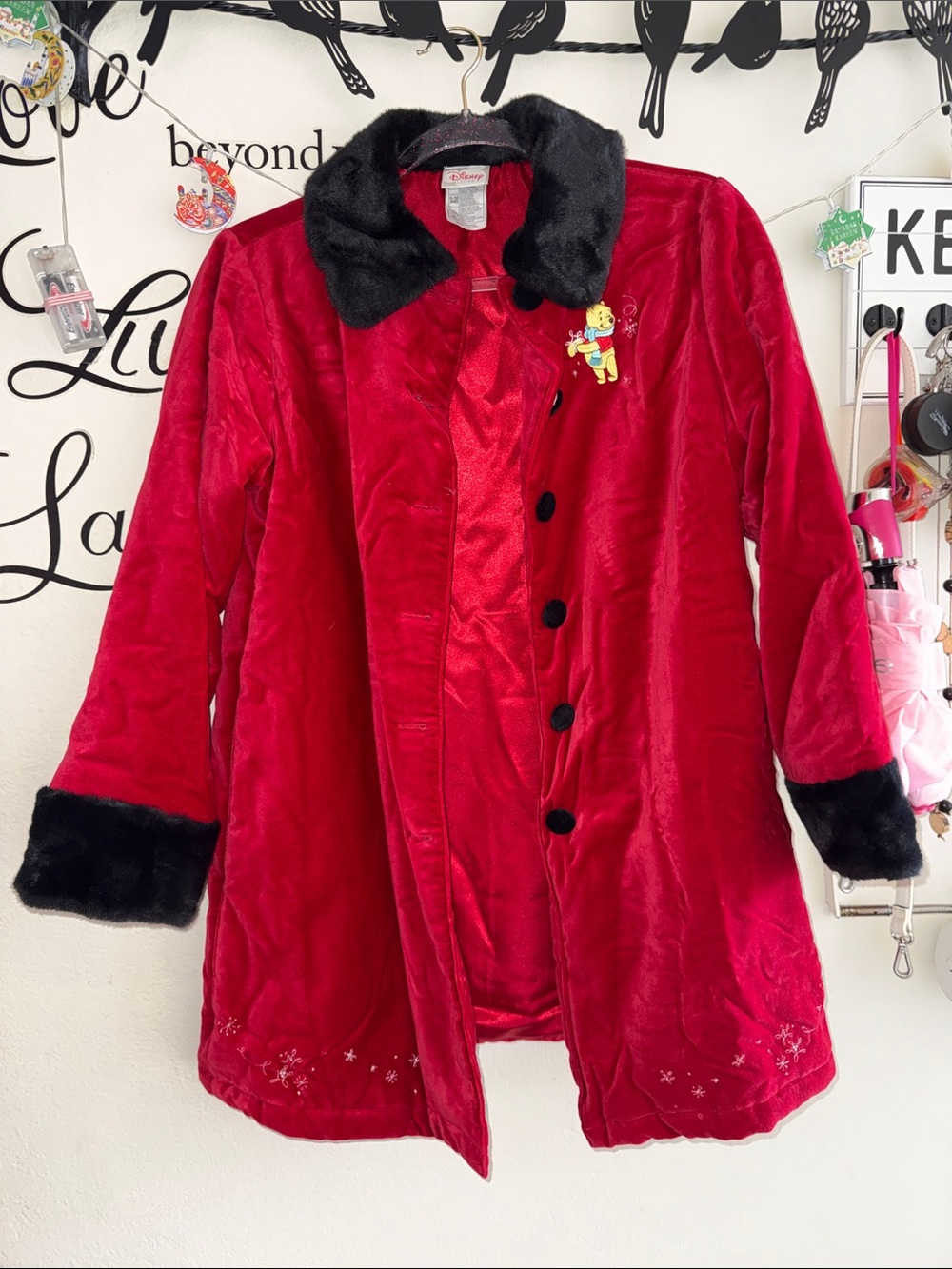 Disney Red Velvet Trench Coat with Black Faux-Fur Trim. Vintage